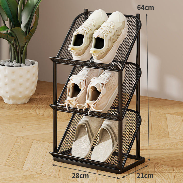 Vertical Multi-Tier Slim Mesh Shoe Rack Organizer with Angled Shelves and Space-Saving Footwear Stand