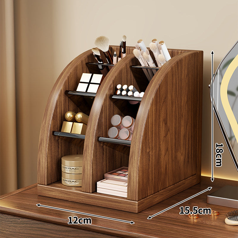 Wooden Tiered Vanity Makeup Organizer with Vertical Compartments and Removable Acrylic Shelves