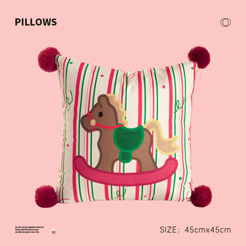 Square Christmas decorative cushion with pom-pom corners and printed dog design