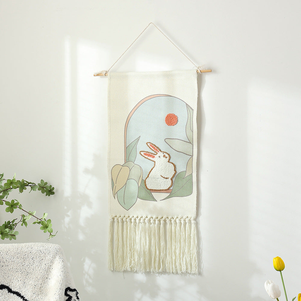 Woven cotton wall hanging with punch needle flower relief and fringes