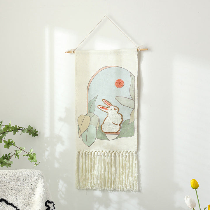 Woven cotton wall hanging with punch needle flower relief and fringes