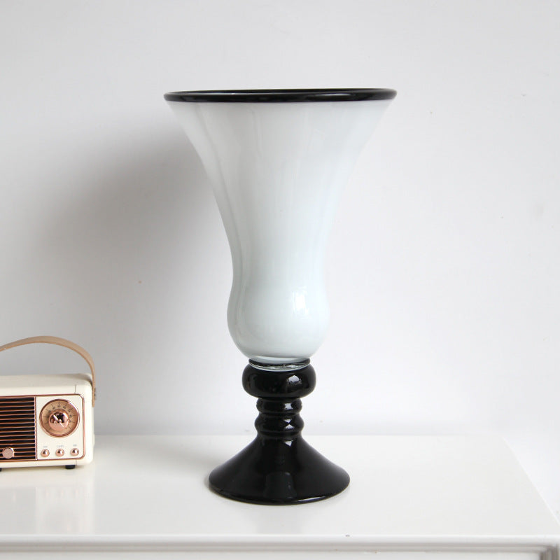 Tall Hand-Blown Fluted Glass Vase with Ruffled Rim & Rounded Pedestal Base