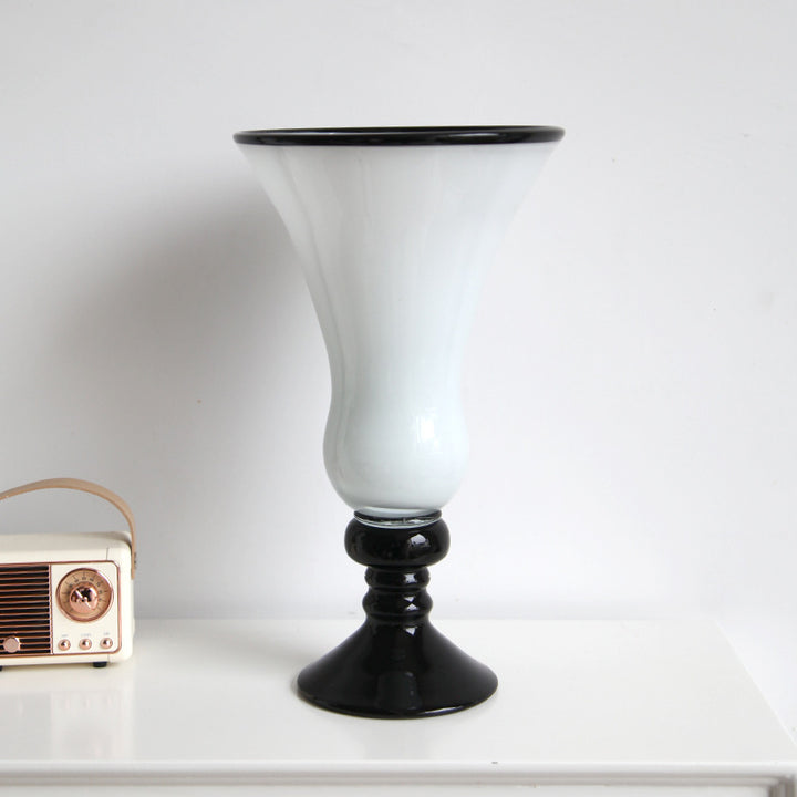 Tall Hand-Blown Fluted Glass Vase with Ruffled Rim & Rounded Pedestal Base