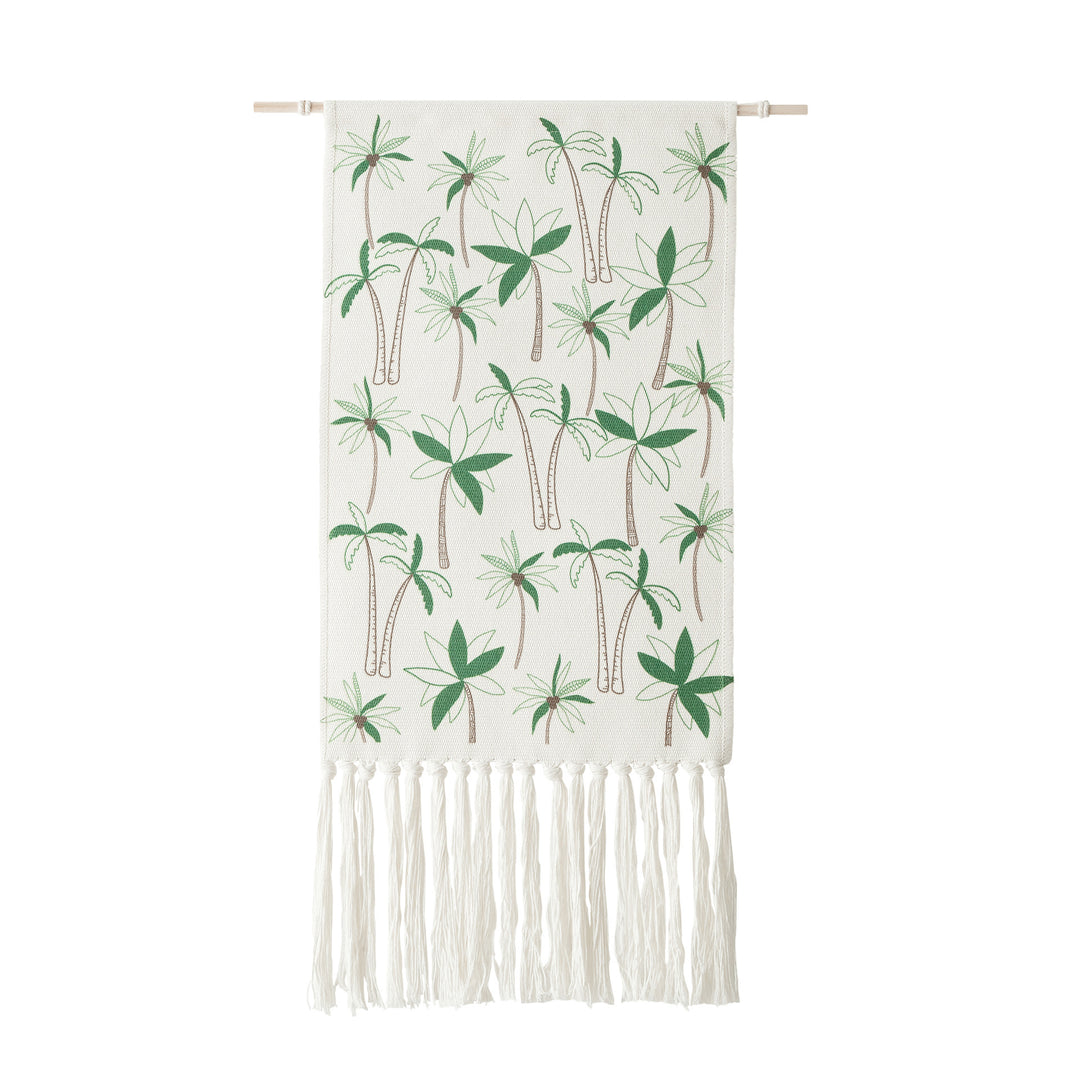Woven wall tapestry with hydrangea pattern and long fringes