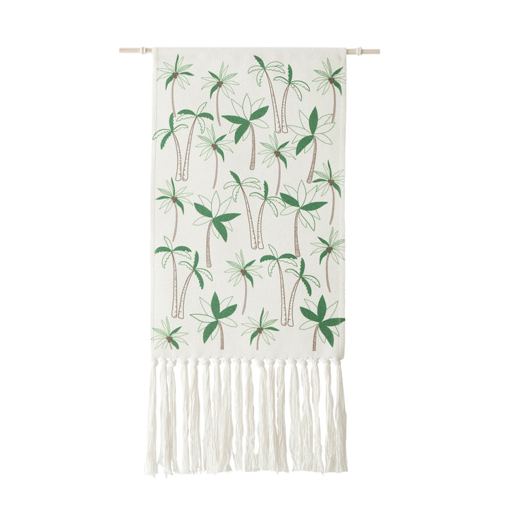 Woven wall tapestry with hydrangea pattern and long fringes
