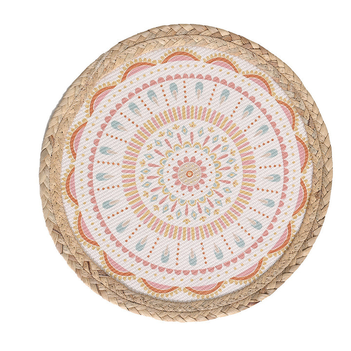 Round woven table mat made of jute with mandala cotton overlay