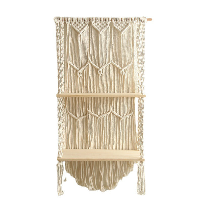 Decorative Wall-Mounted Macrame Shelf with Natural Wooden Accents