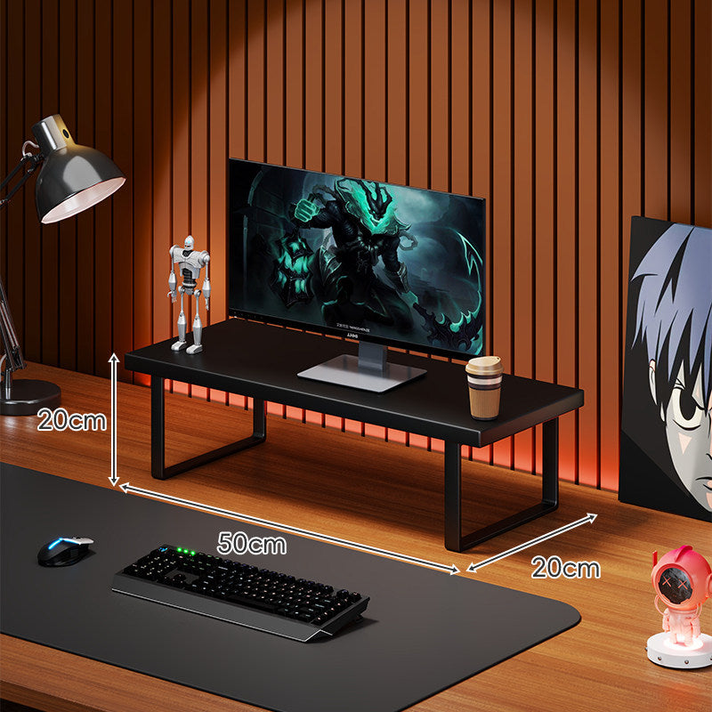 Elevated Wooden Monitor Riser Stand with Metal Bracket Legs and Cable-Friendly Desktop Shelf