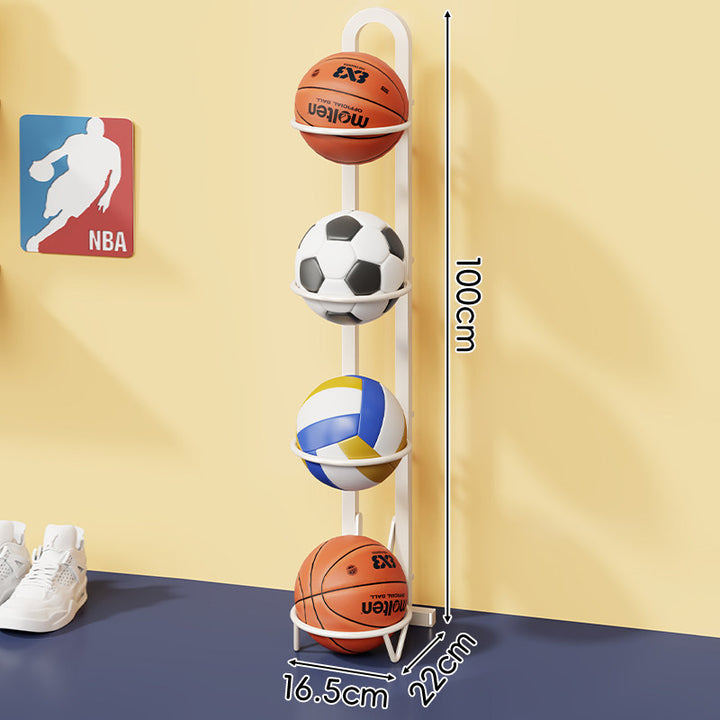 Three-Tier Vertical Sports Ball Storage Rack with Wall-Ready Base and Circular Cradles