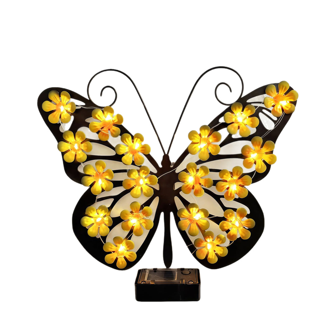 Decorative metal butterfly wall lamp with solar-powered flower LED string