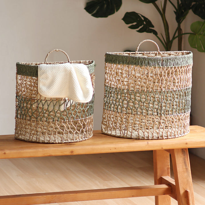 Storage basket with handwoven design