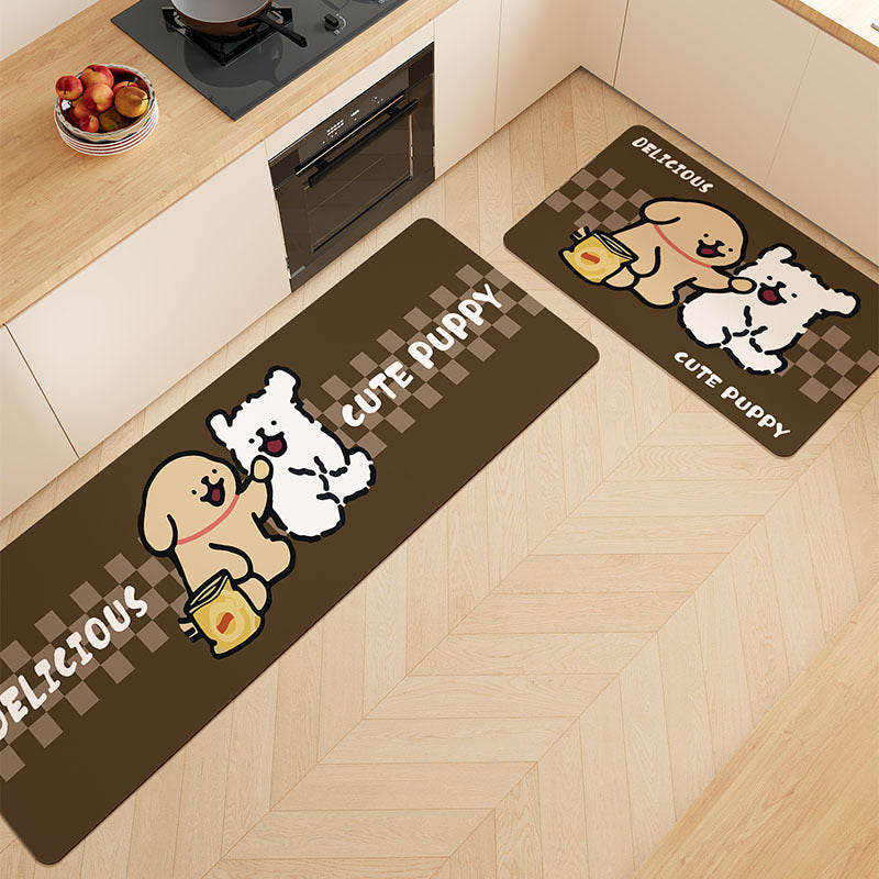 Cartoon Puppy Anti-Fatigue Kitchen Mat Set with Non-Slip Backing