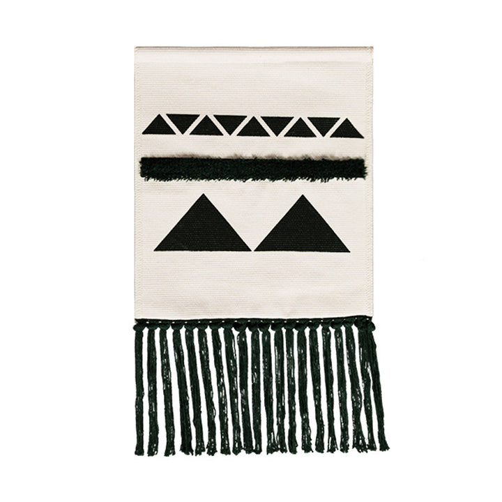Hand-woven wall hanging and table runner made of cotton blend with geometric staircase pattern and long fringes