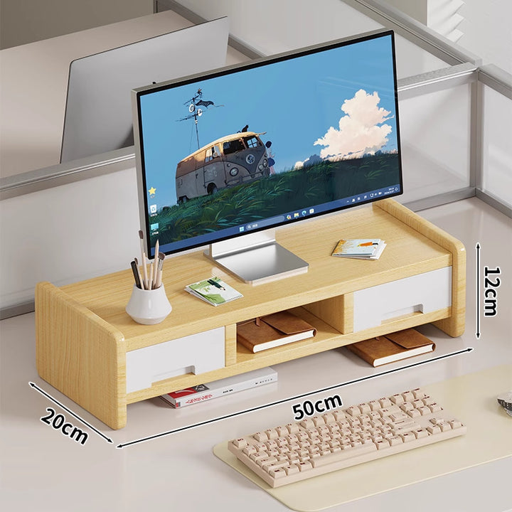 Solid Wood Monitor Riser and Desk Organizer with Dual-Level Shelf and Cable Management