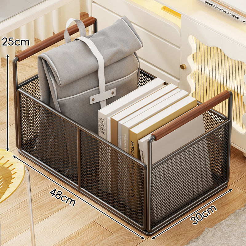 Rectangular Metal Mesh Storage Basket with Wooden Handle Rack