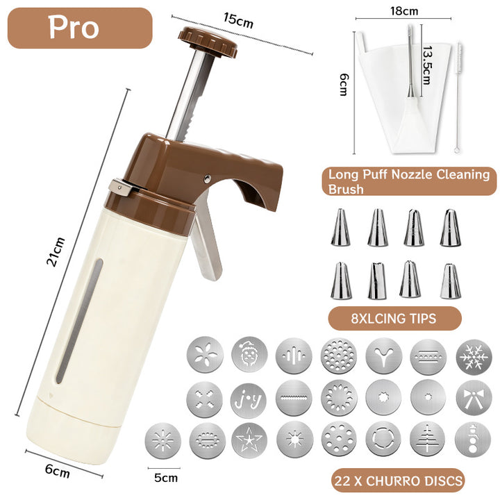 Handheld Cookie Press and Churro Maker with Assorted Piping Discs and Stainless Nozzles