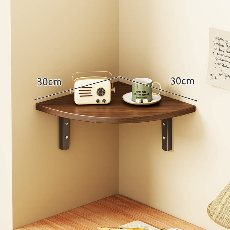 Corner Floating Wall Shelf with Curved Triangular Wooden Top and Heavy-Duty Metal Brackets