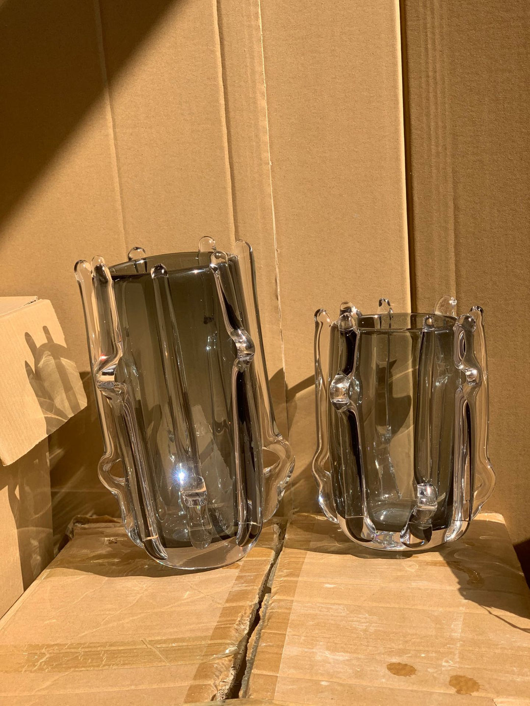 Organic Drip-Edge Cylindrical Art Glass Vase with Applied Clear Ribs