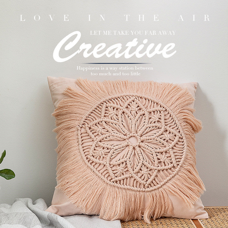 Decorative macrame pillow cover with mandala application and fringes
