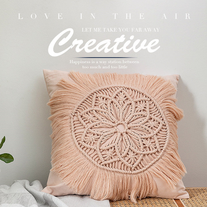 Decorative macrame pillow cover with mandala application and fringes