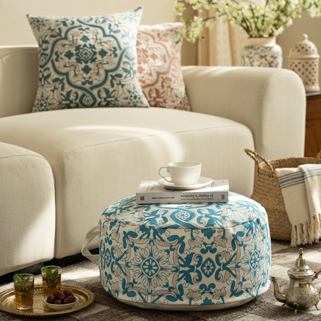 Beef floor seat pouf with handle and patterned canvas cover