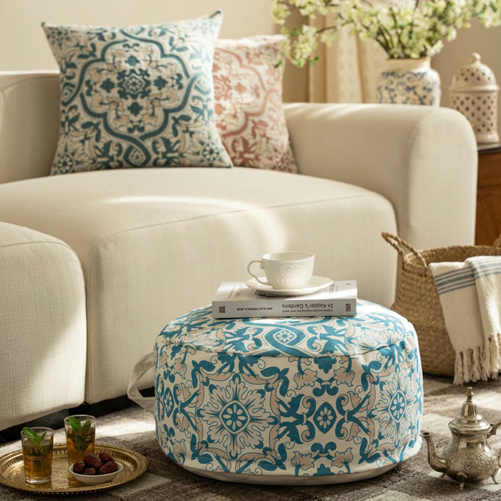 Beef floor seat pouf with handle and patterned canvas cover