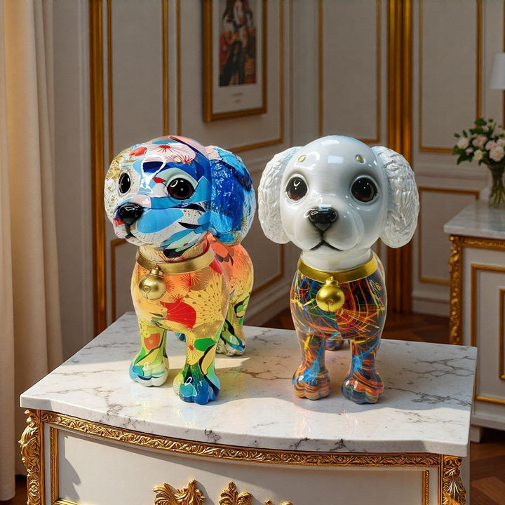 Artistic dog sculpture with colorful design