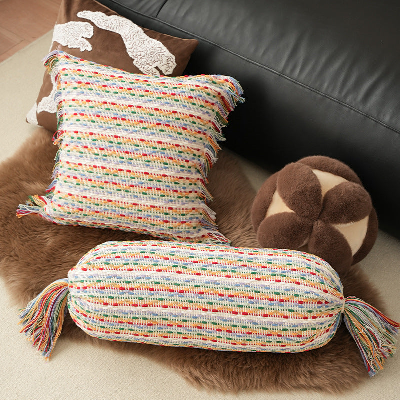 Boho-woven decorative pillow set with cylinder roll and square fringe cover