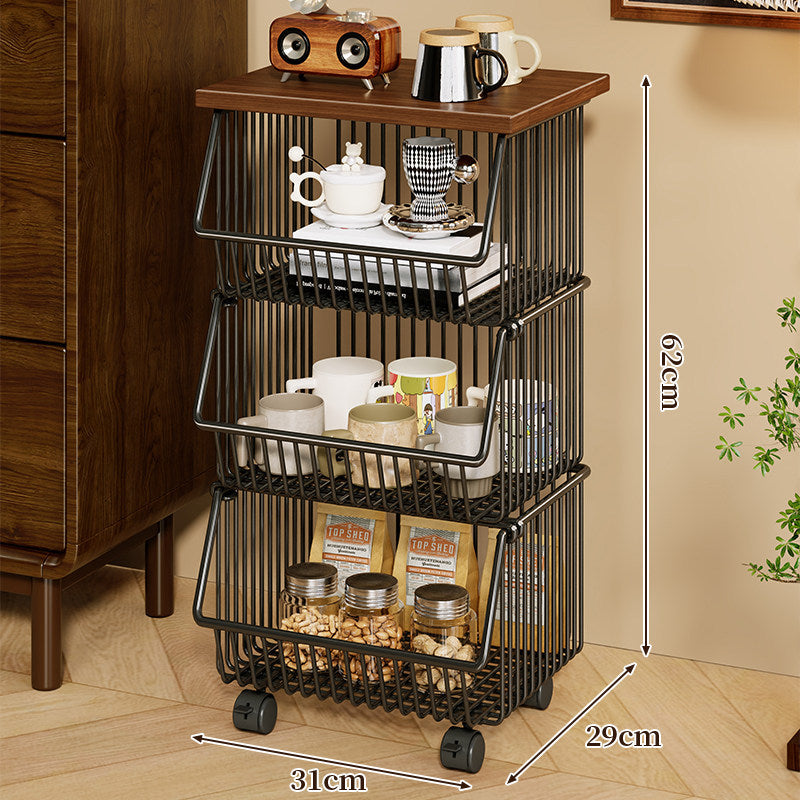 Mobile Four-Tier Kitchen Pantry Organizer Cart with Wood Top and Rolling Wire Baskets