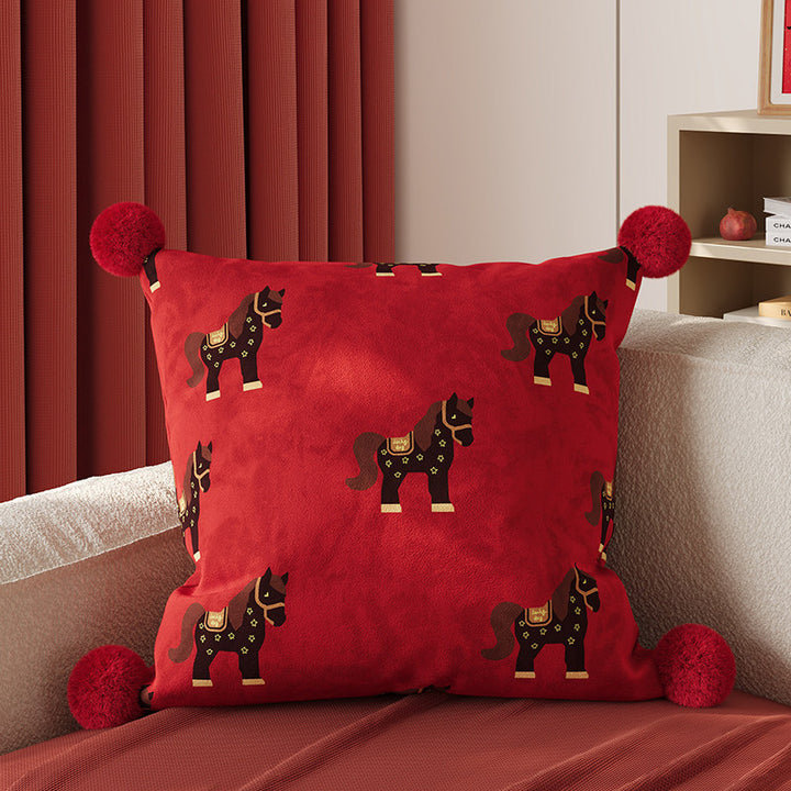 Decorative Square Pom-Pom Throw Pillow Cover with Jacquard Floral Motif