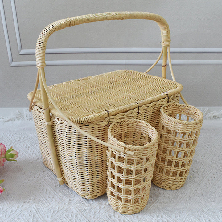 Handcrafted Woven Picnic Basket with Side Drink Holders