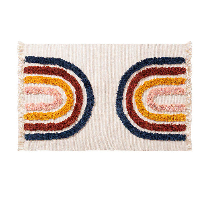 decorative woven bathroom runner with botanical jacquard pattern and fringes
