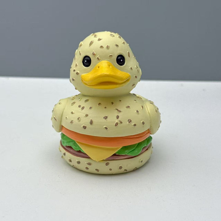 Funny rubber duck in hamburger design