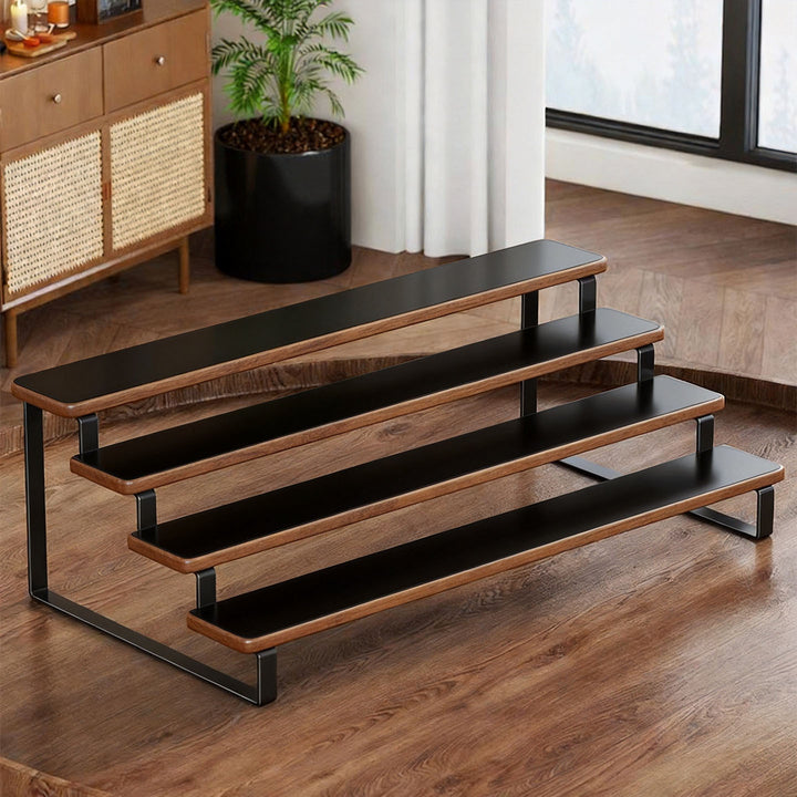 Four-Tier Wooden Collectible Figurine Display Riser with Metal Frame