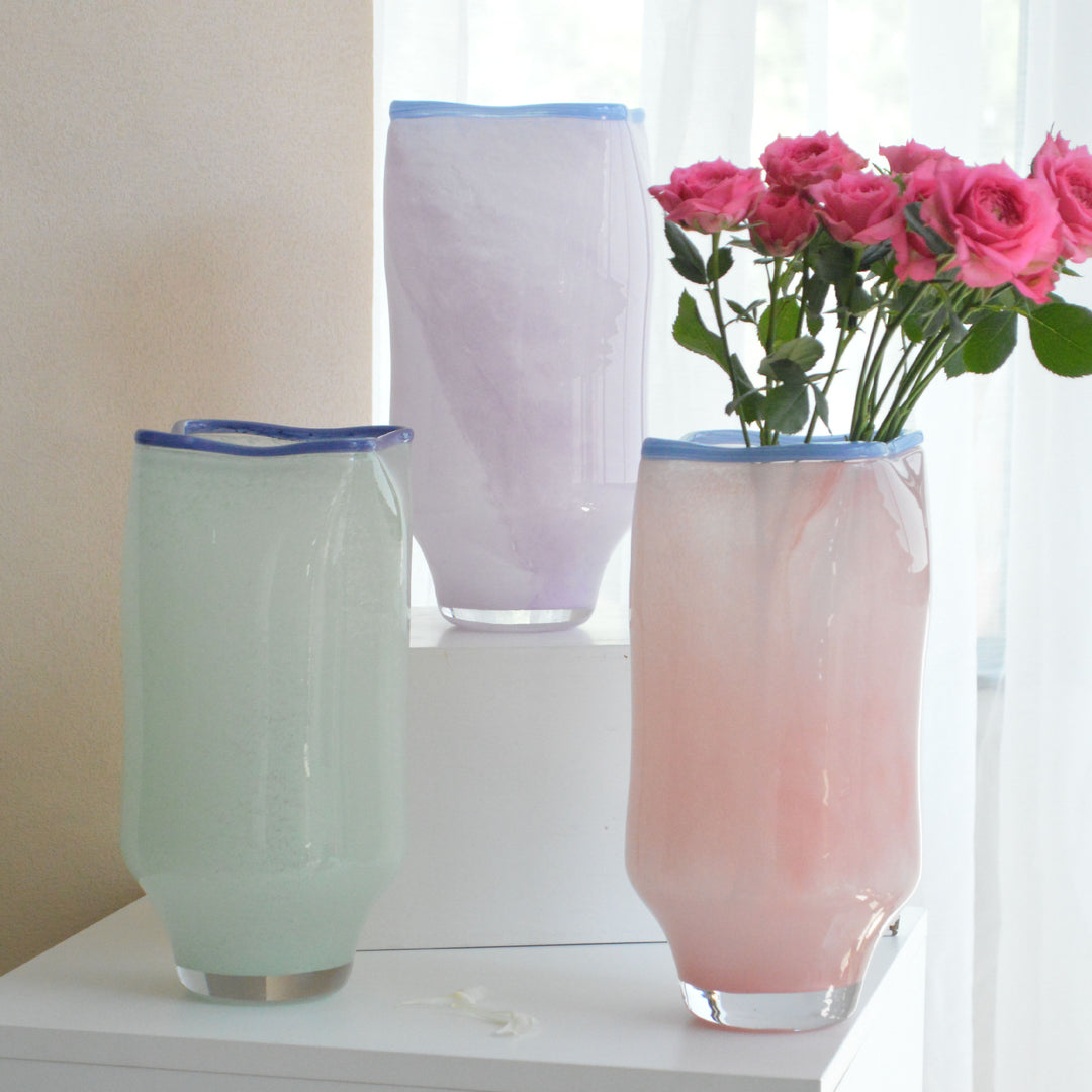 Hand-Blown Tall Decorative Glass Vase with Wavy Rim
