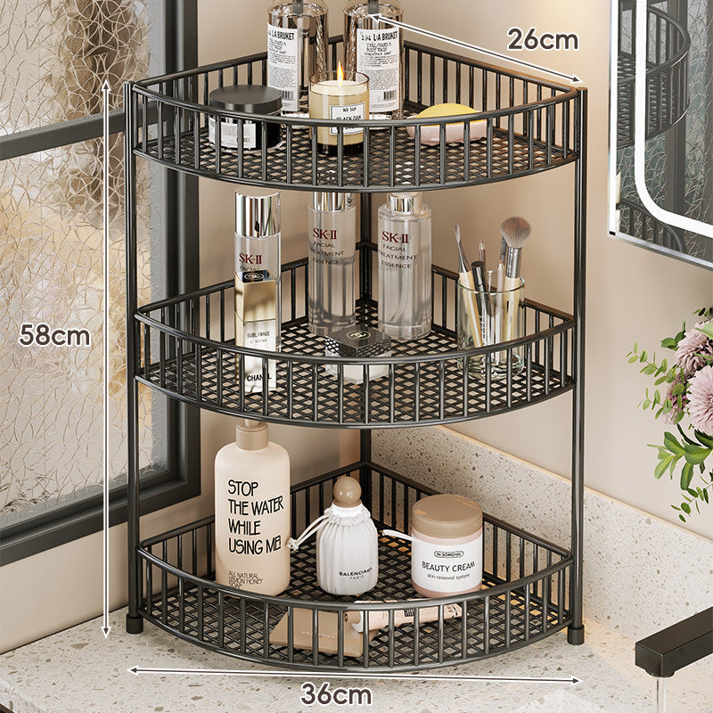 Two-Tier Corner Mesh Metal Bathroom Countertop Organizer Shelf with Raised Guard Rails