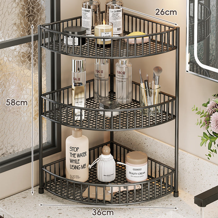 Two-Tier Corner Mesh Metal Bathroom Countertop Organizer Shelf with Raised Guard Rails
