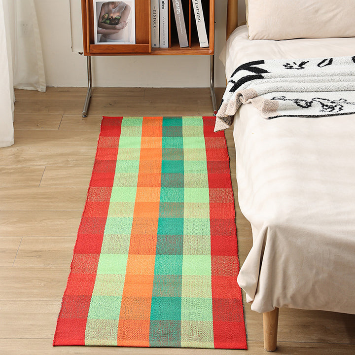 Flat woven bed runner and carpet runner with vibrant checked design