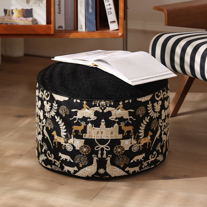 Seat pouf with quilted teddy cover and floral jacquard trim