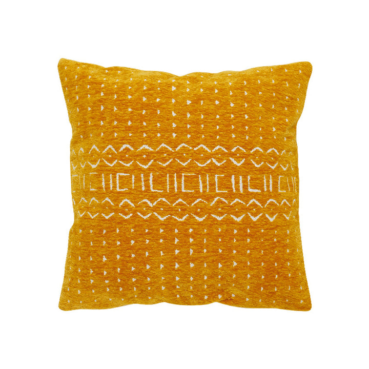 Woven pillow cover with geometric ethnic relief and textured tufting look