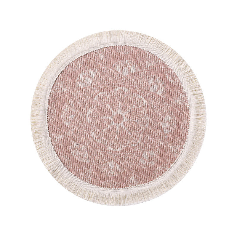 Round woven placemat with fringes and mandala jacquard structure