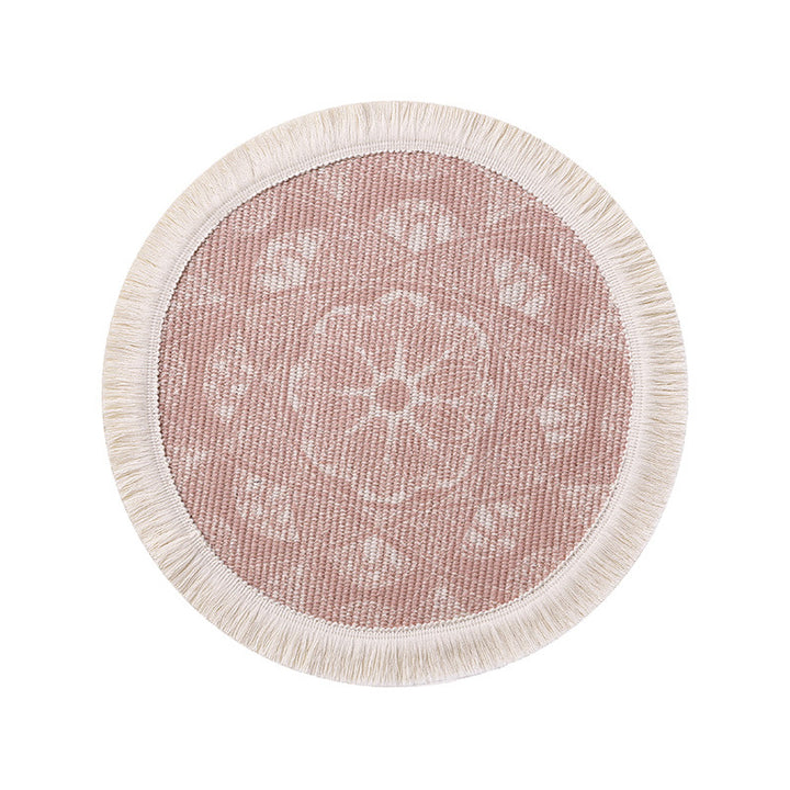 Round woven placemat with fringes and mandala jacquard structure