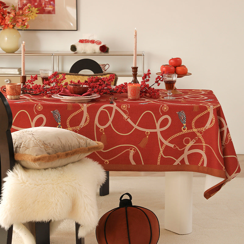 Rectangular decorative tablecloth with cord and tassel pattern as well as contrasted hem edge