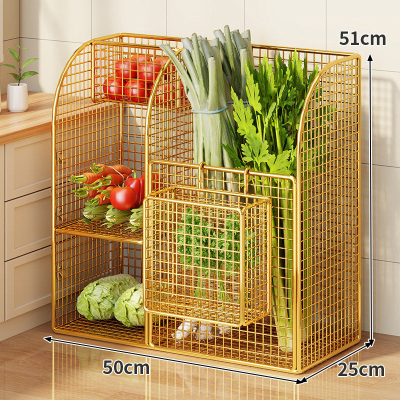 Rolling Metal Mesh Produce Storage Cart with Tall Vertical Compartment and Removable Shelves