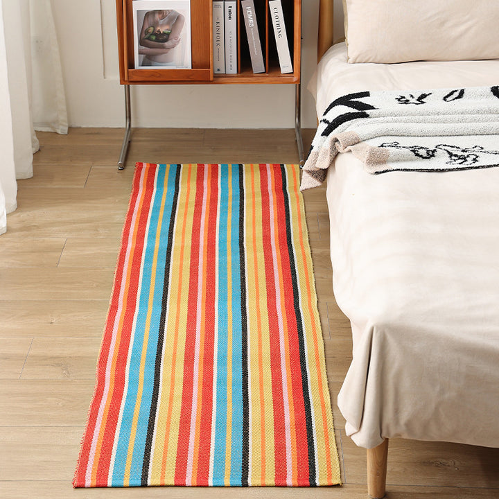 Flat woven bed runner and carpet runner with vibrant checked design