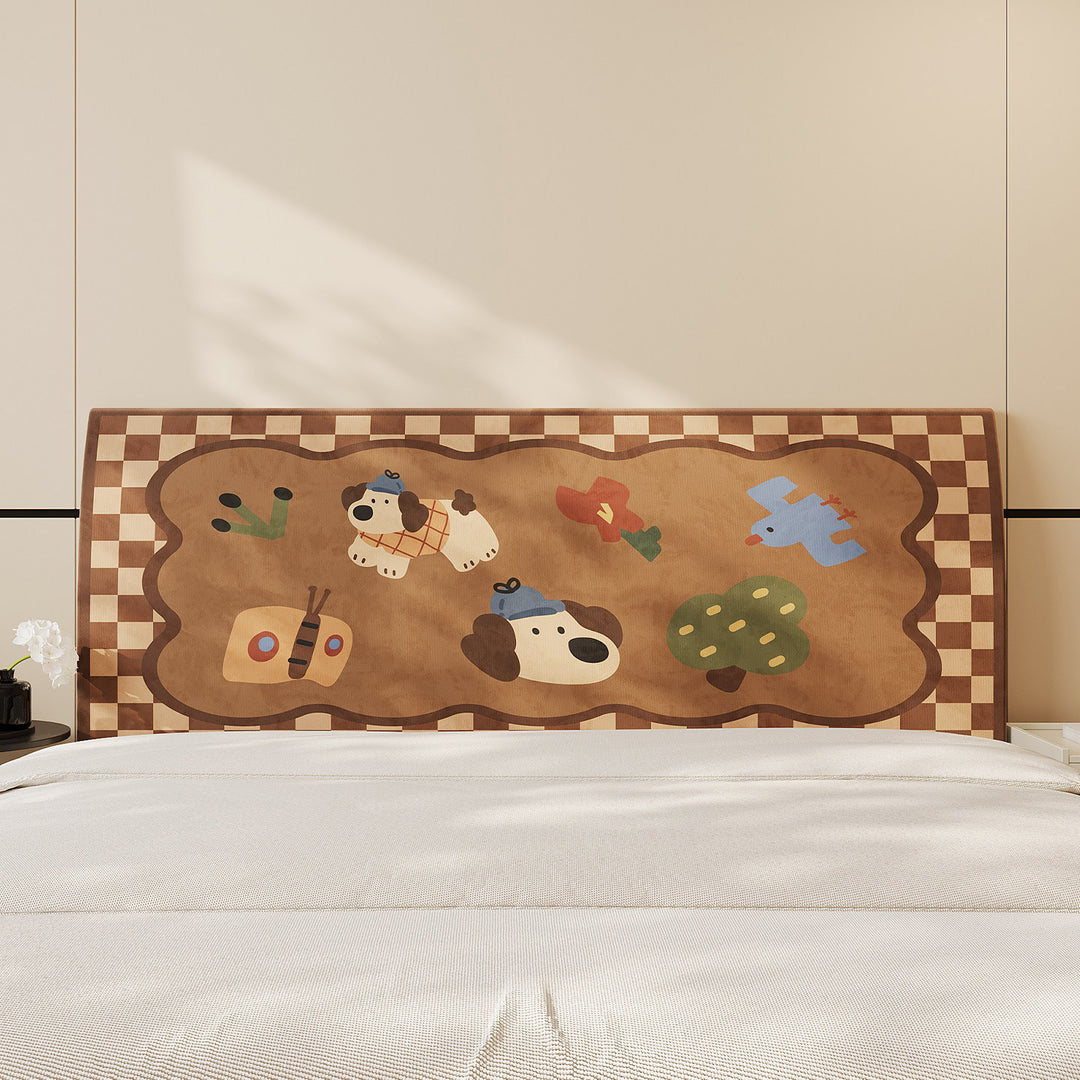 Decorative Headboard Cover Slipcover with Printed Puppy Motif and Polka Dot Microfiber Fabric