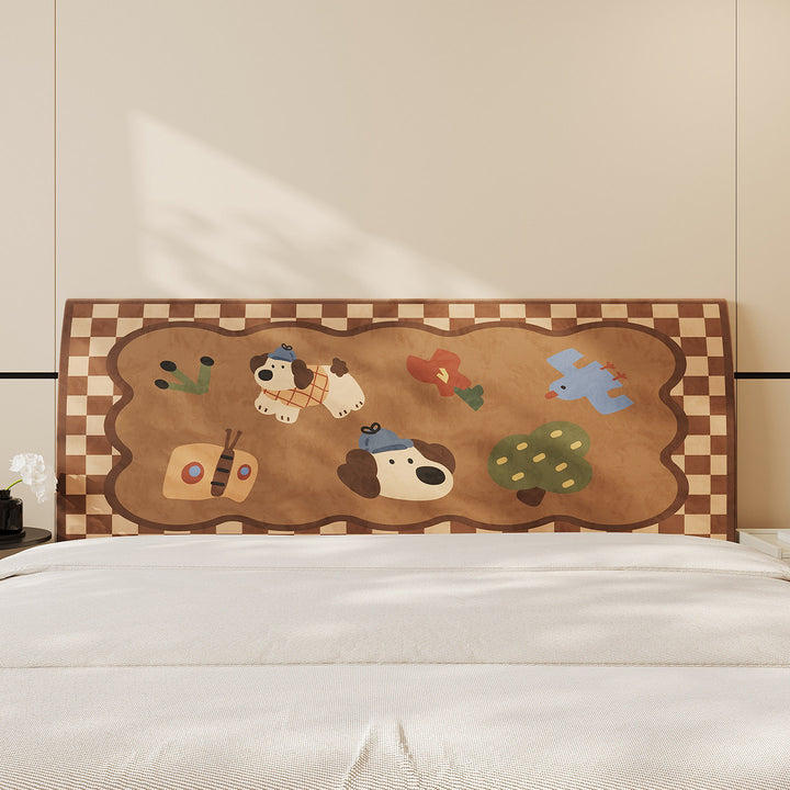 Decorative Headboard Cover Slipcover with Printed Puppy Motif and Polka Dot Microfiber Fabric