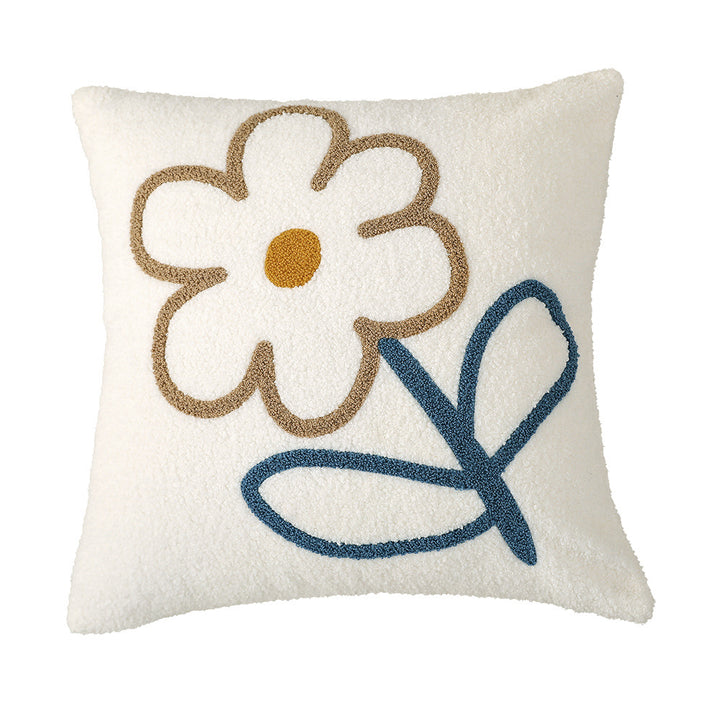 Square bouclé decorative cushion with tufted flower appliqué