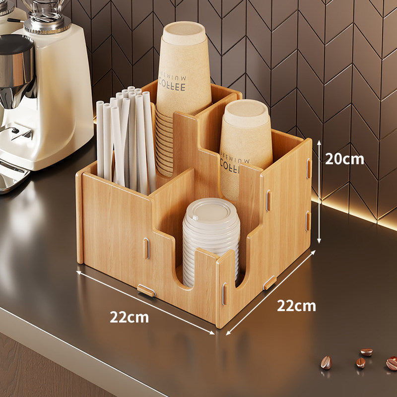Modular Bamboo Countertop Coffee Station Organizer with Multi-Compartment Cup Lid and Straw Dispensers