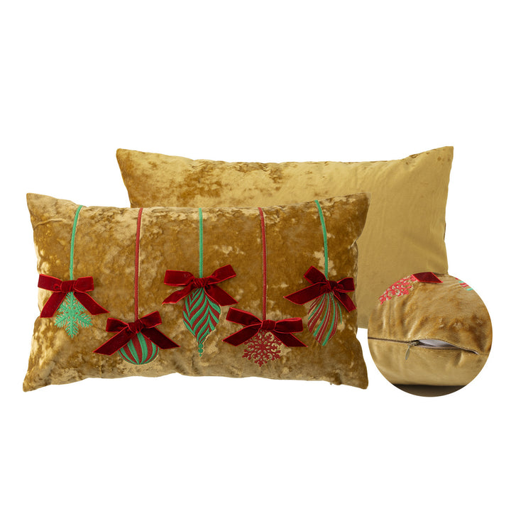 Rectangular velvet cushion cover with embroidered Christmas ornaments